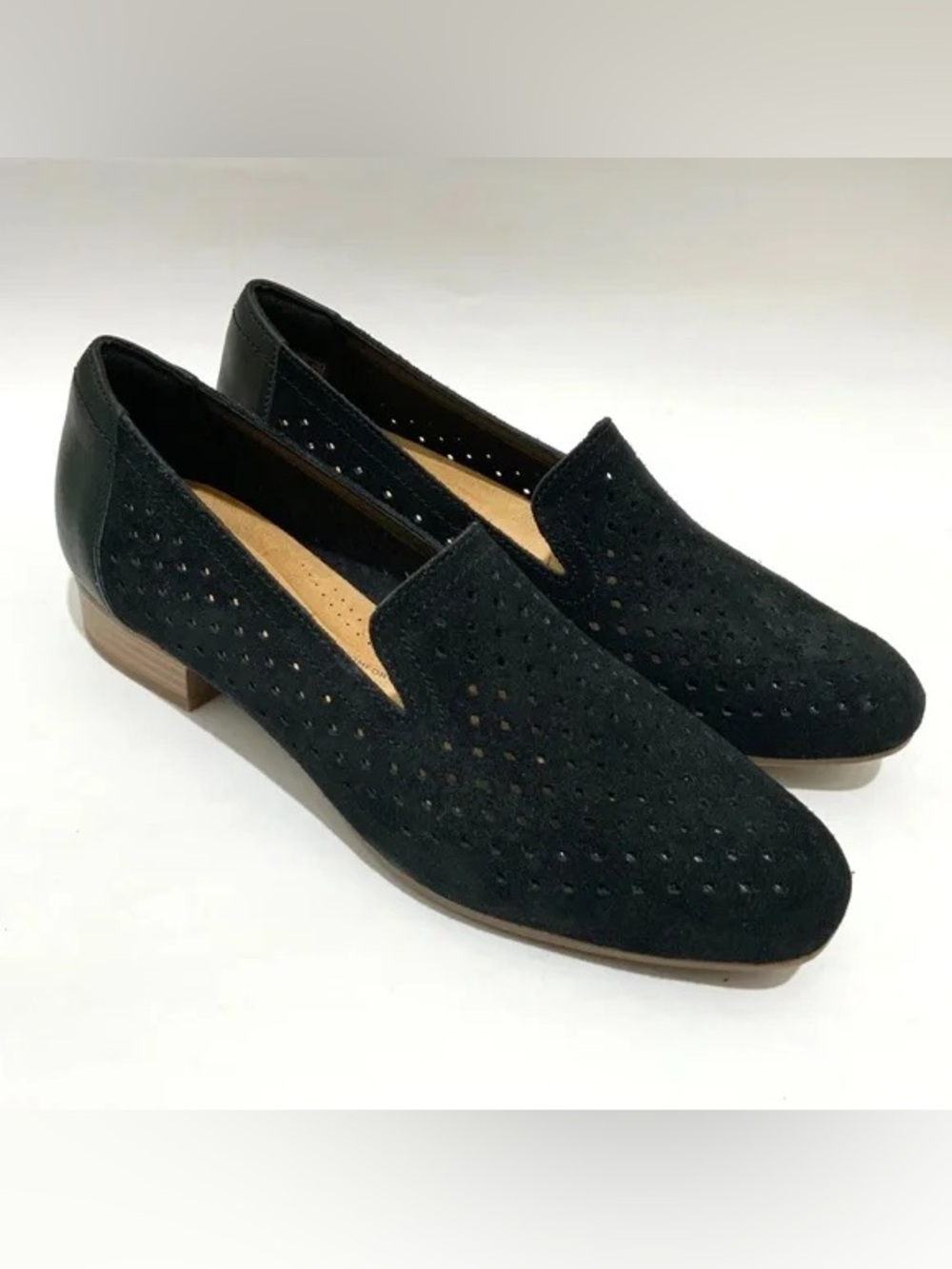 Clarks Black Perforated Suede Slip-On Loafers